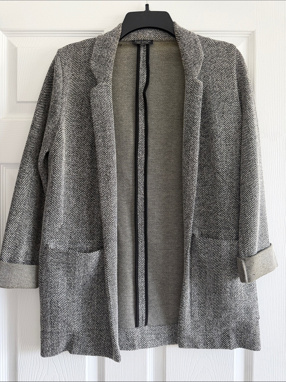 Topshop Gray Herringbone Open-Front Cardigan Blazer